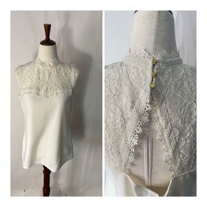 H&M White High Neck Floral Lace Sleeveless Cutout Top Blouse Shirt Women Large